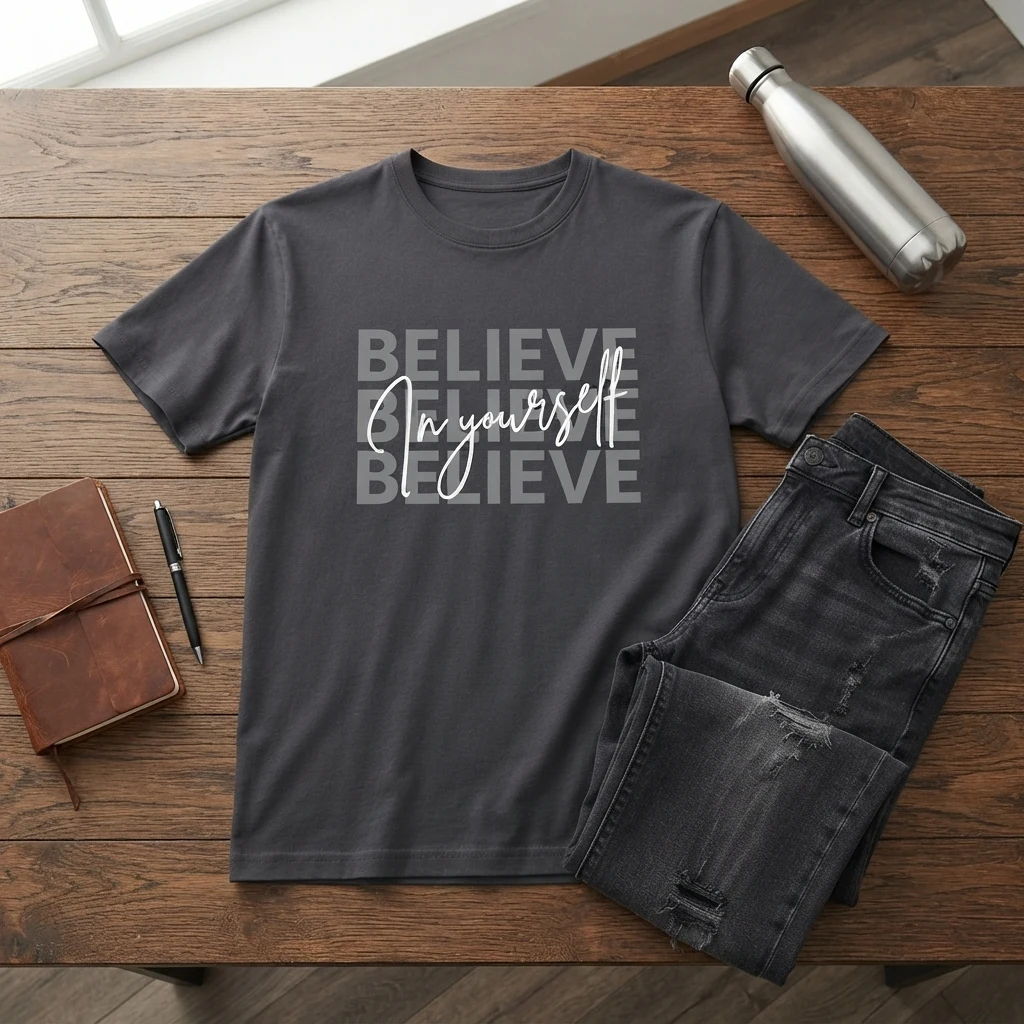 Graphic Printed Tee – Believe In Yourself Flatlay